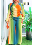 Dragon Sleeve Non-Positioned Print Boat Neck Wide Leg Pants Suit