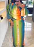 Dragon Sleeve Non-Positioned Print Boat Neck Wide Leg Pants Suit