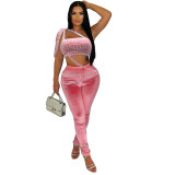 Fashionable Rhinestone Tube Top and Slim-fit Trousers Two-piece Set