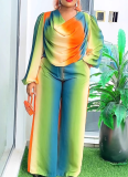 Dragon Sleeve Non-Positioned Print Boat Neck Wide Leg Pants Suit