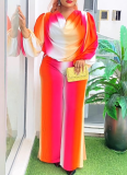 Dragon Sleeve Non-Positioned Print Boat Neck Wide Leg Pants Suit