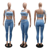 Fashionable Rhinestone Tube Top and Slim-fit Trousers Two-piece Set