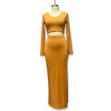 Pure Color Knit Crew Neck Top Long Sleeve Split Skirt Two-Piece Set