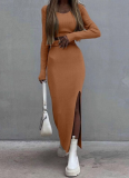Pure Color Knit Crew Neck Top Long Sleeve Split Skirt Two-Piece Set