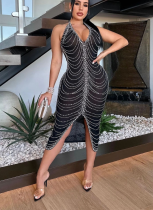 Hot Diamond Halter Neck See-through Slim Fit Slit Hip Dress