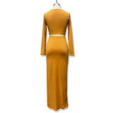 Pure Color Knit Crew Neck Top Long Sleeve Split Skirt Two-Piece Set