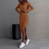 Pure Color Knit Crew Neck Top Long Sleeve Split Skirt Two-Piece Set