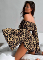 One-shoulder Flared Leopard Print top and Shorts Two-piece Set