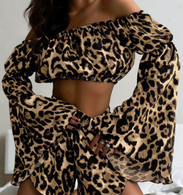 One-shoulder Flared Leopard Print top and Shorts Two-piece Set