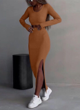 Pure Color Knit Crew Neck Top Long Sleeve Split Skirt Two-Piece Set