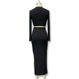 Pure Color Knit Crew Neck Top Long Sleeve Split Skirt Two-Piece Set