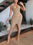 Hot Diamond Halter Neck See-through Slim Fit Slit Hip Dress