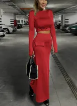 Fashion Crop-top Long Sleeve Top and Slim Pencil Skirt Two-piece Set