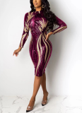 Printed Sequin Bodycon Long Sleeve Midi Dress