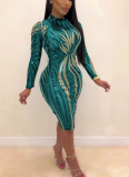 Printed Sequin Bodycon Long Sleeve Midi Dress