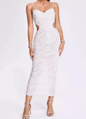 Fashion Beaded See-Through Sling Evening Gown Dress