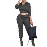 Solid Color Open Cardigan Hooded Long Pants Two-Piece Set