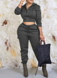 Solid Color Open Cardigan Hooded Long Pants Two-Piece Set