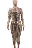Printed Sequin Bodycon Long Sleeve Midi Dress