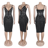 Sexy Sequin V-Neck Satin Bodycon Slit Dress