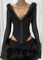 Deep V-neck See-through Mesh Stitching Wool Irregular Button Waist Long-sleeved Top