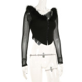 Deep V-neck See-through Mesh Stitching Wool Irregular Button Waist Long-sleeved Top