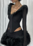 Deep V-neck See-through Mesh Stitching Wool Irregular Button Waist Long-sleeved Top