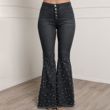 Casual Beaded Stretch Flared Jeans