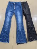 Casual Beaded Stretch Flared Jeans