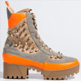 Large Size Thick Heel Rivet Lace-up Color Matching Warm Mid-heel Short Boots