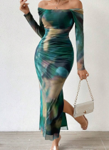 Satin Printed Pleated Sexy Tight Slit Square Neck One-Piece Dress