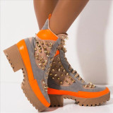 Large Size Thick Heel Rivet Lace-up Color Matching Warm Mid-heel Short Boots