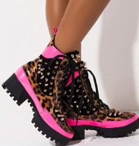 Large Size Thick Heel Rivet Lace-up Color Matching Warm Mid-heel Short Boots