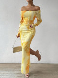 Satin Printed Pleated Sexy Tight Slit Square Neck One-Piece Dress