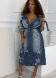 Fashion Cross Embroidery Long Denim Jacket Trench Coat