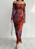 Satin Printed Pleated Sexy Tight Slit Square Neck One-Piece Dress
