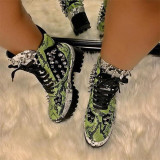 Large Size Thick Heel Rivet Lace-up Color Matching Warm Mid-heel Short Boots