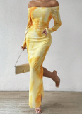 Satin Printed Pleated Sexy Tight Slit Square Neck One-Piece Dress