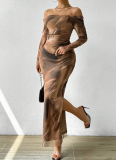 Satin Printed Pleated Sexy Tight Slit Square Neck One-Piece Dress