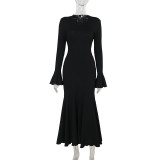 Fashionable Temperament Ruffle Hem Long Sleeves Fabric Dress