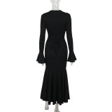 Fashionable Temperament Ruffle Hem Long Sleeves Fabric Dress
