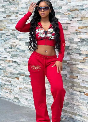 Casual Street Print Navel-baring Two-piece Suit