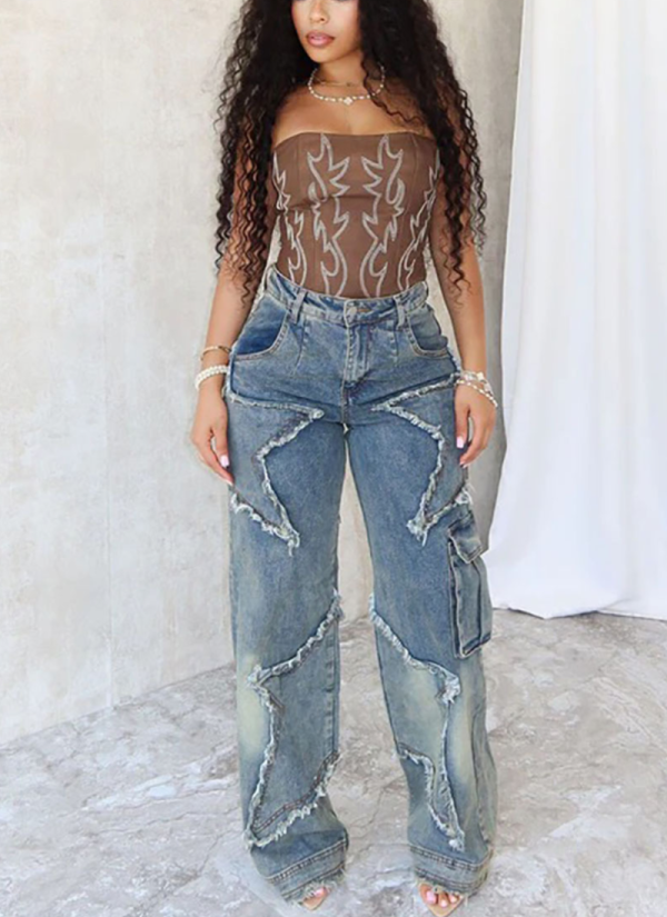 Fashion Star Tassel Raw Edge Loose Straight Jeans