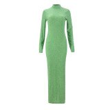 Euro-American V-Neck Long Sleeve Flocking Slim Fit Dress