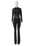 Casual Washed Distressed Hooded Flared Pants Two-piece Set