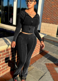 Casual Washed Distressed Hooded Flared Pants Two-piece Set