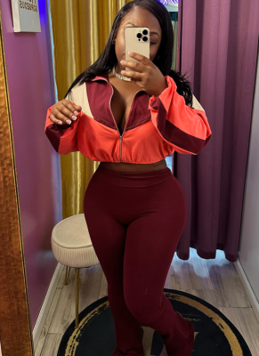 Colorblocked Navel-baring High Waist Slightly Flared Two-piece Suit