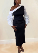 Sexy Slim-fit Contrast Color Lantern Sleeves Off-shoulder Elastic Hip-wrapped Slit Dress