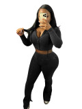 Casual Washed Distressed Hooded Flared Pants Two-piece Set
