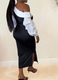 Sexy Slim-fit Contrast Color Lantern Sleeves Off-shoulder Elastic Hip-wrapped Slit Dress